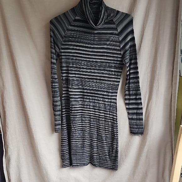 Prana Black and Gray Turtleneck Knit Striped Long Sleeve Dress - Picture 1 of 6